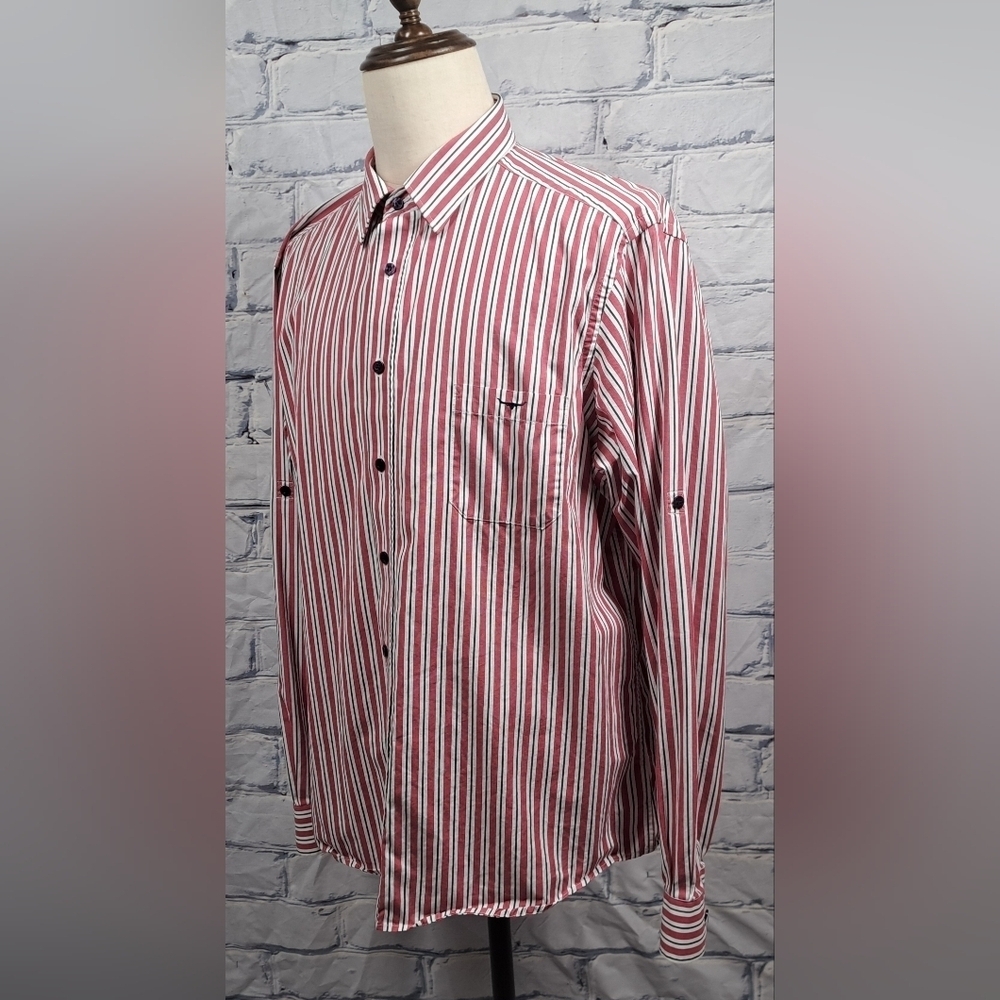R.M. Williams Men's Button Down Striped Classic Fit Roll Tab Sleeves Logo Medium